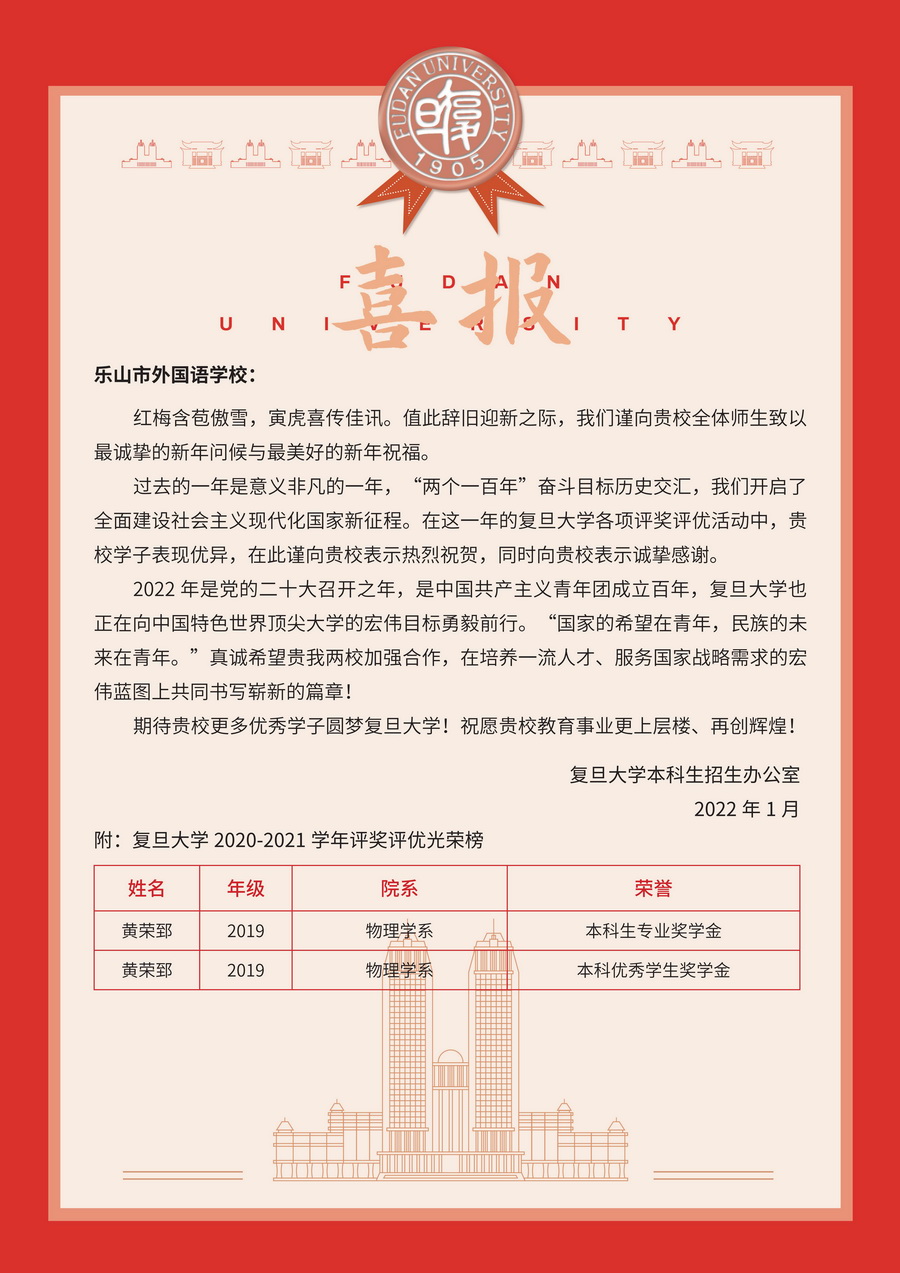 喜報(bào)|2019屆畢業(yè)生黃榮郅 喜獲復(fù)旦大學(xué)獎(jiǎng)學(xué)金！