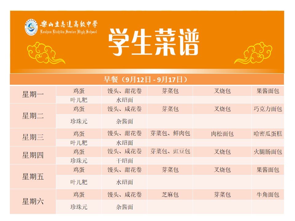 立志達高級中學(xué)菜譜（9月12日—9月17日）